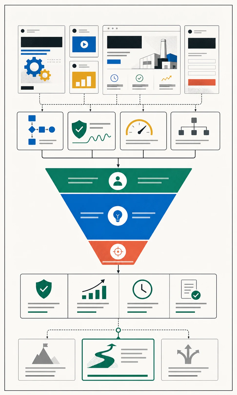 Vertical editorial campaign map showing public ad evidence flowing through operational-efficiency signals, a consideration-heavy funnel, proof mechanisms, and strategic response paths